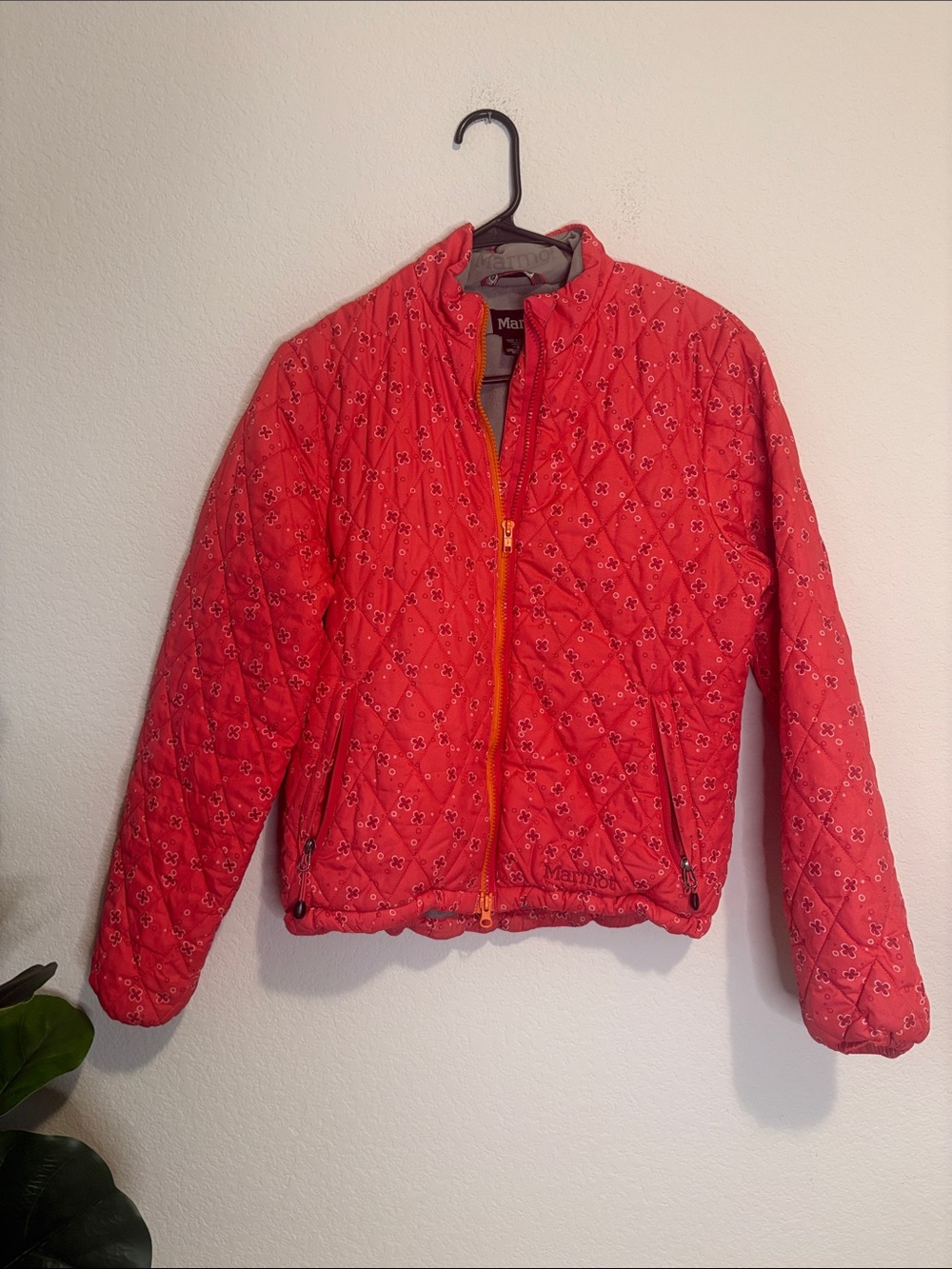 Marmot Quilted Pink-Red Puffer Jacket with Orange Zip small